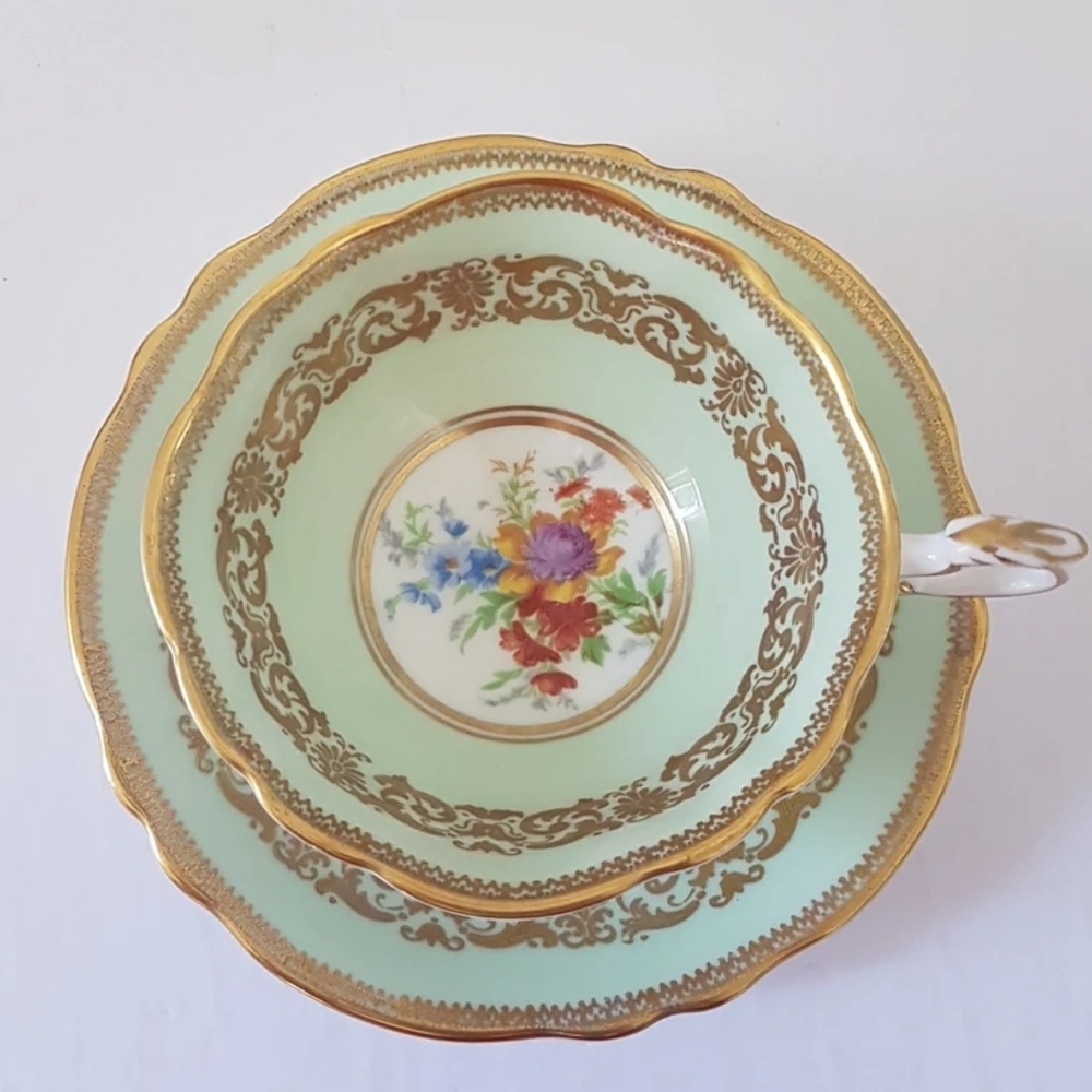 Paragon Tea Cup and Saucer, Pale Mint Green with Floral Bouquet Center England